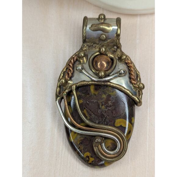 Vintage Jewelry - Natural stone pendant copper and silver wrapped large statement necklace